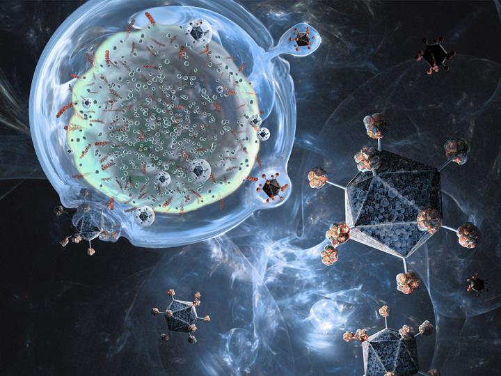 Krebszelle schwebt neben blauen Molekül